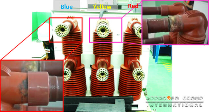Figure 3: General view of Outgoing VCB. The upper insulated poles of the yellow (pink box) and blue-phases (red box) displayed burn marks.